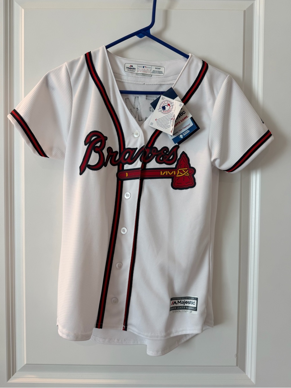 Majestic Women White Atlanta Braves Button Baseball Jersey with Red & Navy Trim